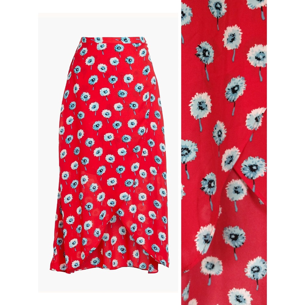 J. Crew Factory Red Blue Floral Printed High Low Midi Skirt Medium Preppy Boho